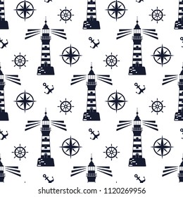 Lighthouse pattern. Seamless vector illustration of flat design. Vintage style