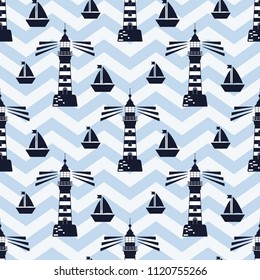 Lighthouse pattern. Seamless vector illustration of flat design. Vintage style
