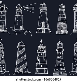 Lighthouse pattern. Vector illustration. Isolated elements on chalkboard background. Symbol collection.