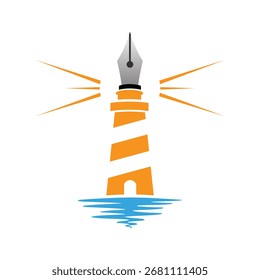 Un faro con un bolígrafo en la parte superior, que simboliza la escritura creativa y la orientación. El diseño incorpora ondas y rayos de luz, que representan la inspiración y la dirección.