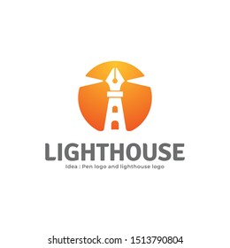 Lighthouse and pen with orange color.  Creative business logo inspiration. can be used as symbols, brand identity, icons, or others. Color and text can be changed according to your need.