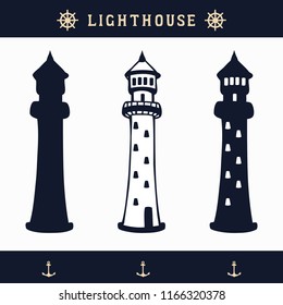 LIGHTHOUSE POSTCARD. Hand drawn monochrome vintage sailor label, clothing apparel print, retro badge vector illustration with anchor, star burst, and lettering.