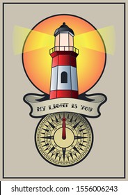 Lighthouse Poster, Compass and Love Confession, Postcard Traditional Tattoo Design