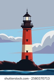 lighthouse poster design, lighthouse and sea background vintage vector illustration