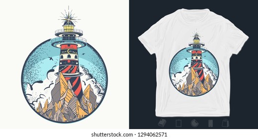 Lighthouse. Print for t-shirts and another, trendy apparel design. Beacon on the rock 