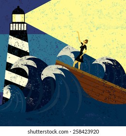 A lighthouse providing guidance to a boat in a stormy sea. The lighthouse, woman & boat, and the waves are on a separate labeled layer from the background. 