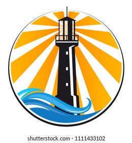 Lighthouse with rays of light and sea waves