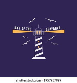 Lighthouse with rays and seagulls on a dark purple background. Vector illustration dedicated to the day of the seafarer. Poster, sign, symbol.
