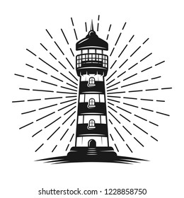 Lighthouse with rays vector black illustration in vintage style, decorative object isolated on white background