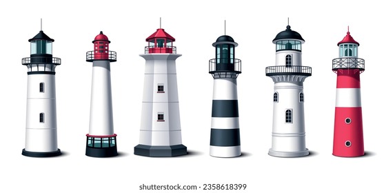 Lighthouse realistic icons set with light house buildings on white background isolated vector illustration