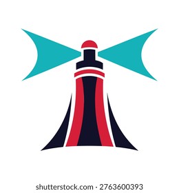 Lighthouse with red and blue stripes and teal wings on white background
