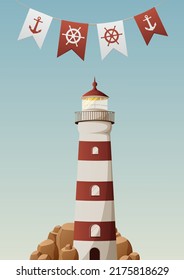 Lighthouse, red flags with anchor and ship's rudder. Vector illustration, cartoon style. Building for navigational aid for seafarers at sea. For greeting card, banner, poster, flyer
