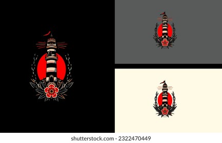 lighthouse and red flowers vector illustration design