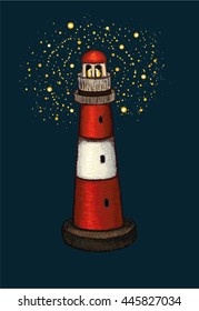 Lighthouse red hand drawn at night