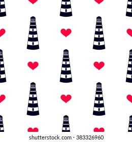 Lighthouse and red heart. Seamless background. EPS 10