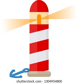 Lighthouse Red And White With Blue Anchor Isolated Vector Illustration