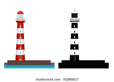 Lighthouse, red and white. Flat building architecture icon. Vector  illustration. Black and white silhouette