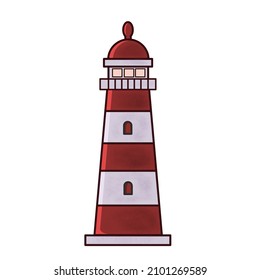 Lighthouse red white stripe flat vector illustration