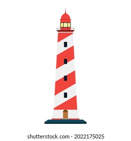 Lighthouse in red and white striped colors. Searchlight tower for maritime navigation guidance. Sea beacon for security and navigation. Coastline nautical building. Vector illustration