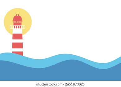 Lighthouse with red and white stripes among blue waves. Flat vector illustration.