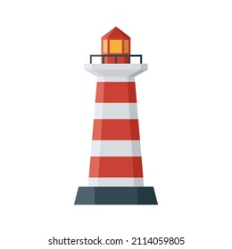 Lighthouse. A red-and-white striped structure built in the form of a tower, designed for navigating ships near dangerous shores. Vector illustration isolated on a white background for design and web.