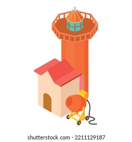 Lighthouse renovation icon isometric vector. Electric concrete mixer near beacon. Construction, repair, reconstruction
