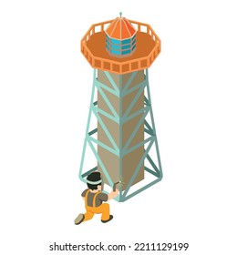 Lighthouse repair icon isometric vector. Welder carries welding work near beacon. Construction, repair, reconstruction