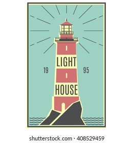 Lighthouse retro black logo. Naval Architecture sign. Lighthouse stylish badge. Sticker, line design. Hipster style. Marine symbol. Vector illustration. 