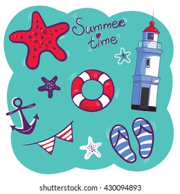 Lighthouse in retro style, vintage lighthouse. Children's illustration on beautiful background. Inscription by hand. Set. Flip flops, star, anchor, lifebuoy, flags, flag