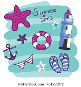 Lighthouse in retro style, vintage lighthouse. Children's illustration on beautiful background. Inscription by hand. Set. Flip flops, star, anchor, lifebuoy, flags, flag