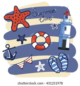Lighthouse in retro style, vintage lighthouse. Children's illustration on beautiful background. Inscription by hand. Set. Flip flops, star, anchor, lifebuoy, flags, flag