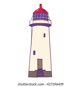 Lighthouse in retro style, vintage lighthouse. Lighthouse on the sea fairy shore. The lighthouse on the island. 