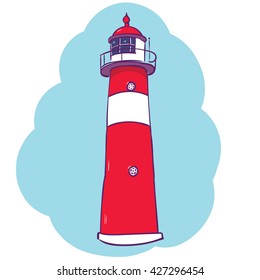 Lighthouse in retro style, vintage lighthouse. Lighthouse on the sea fairy shore. The lighthouse on the island. 