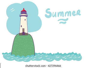 Lighthouse in retro style, vintage lighthouse. Lighthouse on the sea fairy shore. The lighthouse on the island. 