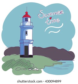 Lighthouse in retro style, vintage lighthouse. Lighthouse on the sea fairy shore. The lighthouse on the island. Children's illustration on wright paper beautiful background. Inscription by hand.