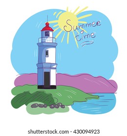 Lighthouse in retro style, vintage lighthouse. Lighthouse on the sea fairy shore. The lighthouse on the island. Illustration on wright paper beautiful background, sunny weather. Inscription by hand.