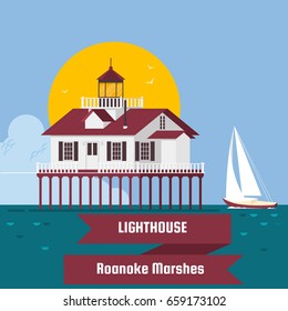 Lighthouse. Roanoke Marshes Lighthouse .Lighthouse on island cartoon vector background. Flat vector illustration