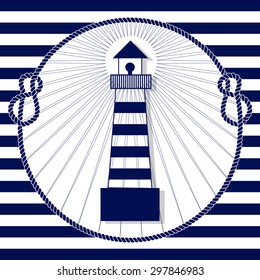 Lighthouse and rope frame on white and blue lines background vector illustration