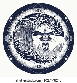 Lighthouse and rose compass t-shirt design. symbol of hiking, adventures graphic style. Large tsunami waves 