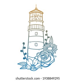 Lighthouse Rose Flower with Vintage Tower Design. Building Floral frame ornament vector style. Decoration Design Wreath illustration.