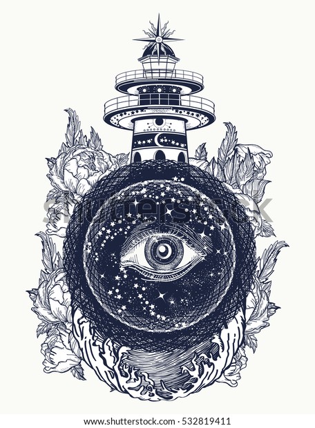 灯台 バラ そして見る目の入れ墨 フリーメーソン 霊的 イルミナティ 秘密 神秘的なサイン 嵐の中の灯台と目に見えるtシャツのデザイン のベクター画像 素材 ロイヤリティフリー
