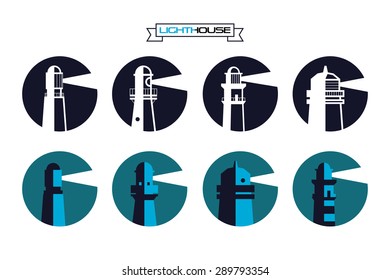 Lighthouse round badges. Elements for your logo. Monochrome and color versions. Isolated on white background.