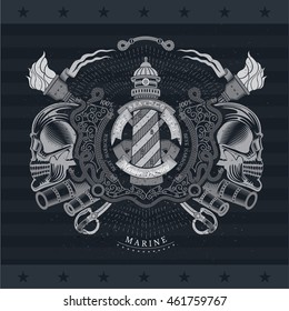 lighthouse with round ribbon between skull profile and vintage weapons. Marine label isolated on blackboard