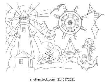 lighthouse rudder sea seagulls coloring book for kids hand drawn graphics doodle sketch sea travel theme