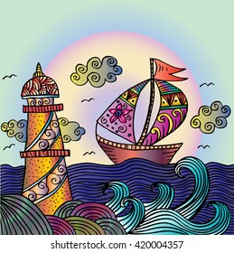 Lighthouse and sailboat. Decorative style.