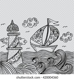 Lighthouse and sailboat. Decorative style.