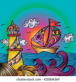 Lighthouse and sailboat. Decorative style.