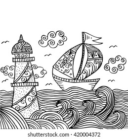 Lighthouse and sailboat. Decorative style.