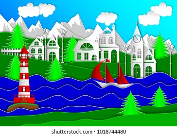 Lighthouse and sailboat on the background of a small mountain village. Summer landscape. 3d vector illustration. Paper art style.
