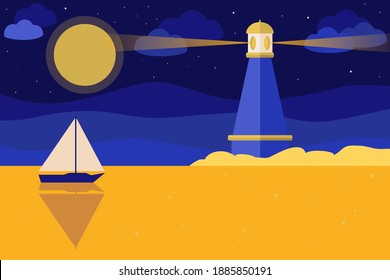 Lighthouse and sailboat on the coast at night, with a panoramic view of the ocean, flat landscape, silhouette of a sailboat. The c the way for ships. Vector illustration